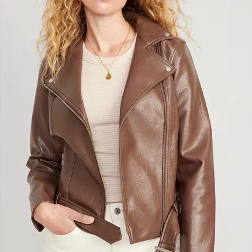 Old Navy Espresso Faux Leather Belted Biker Jacket XL - Picture 1 of 13